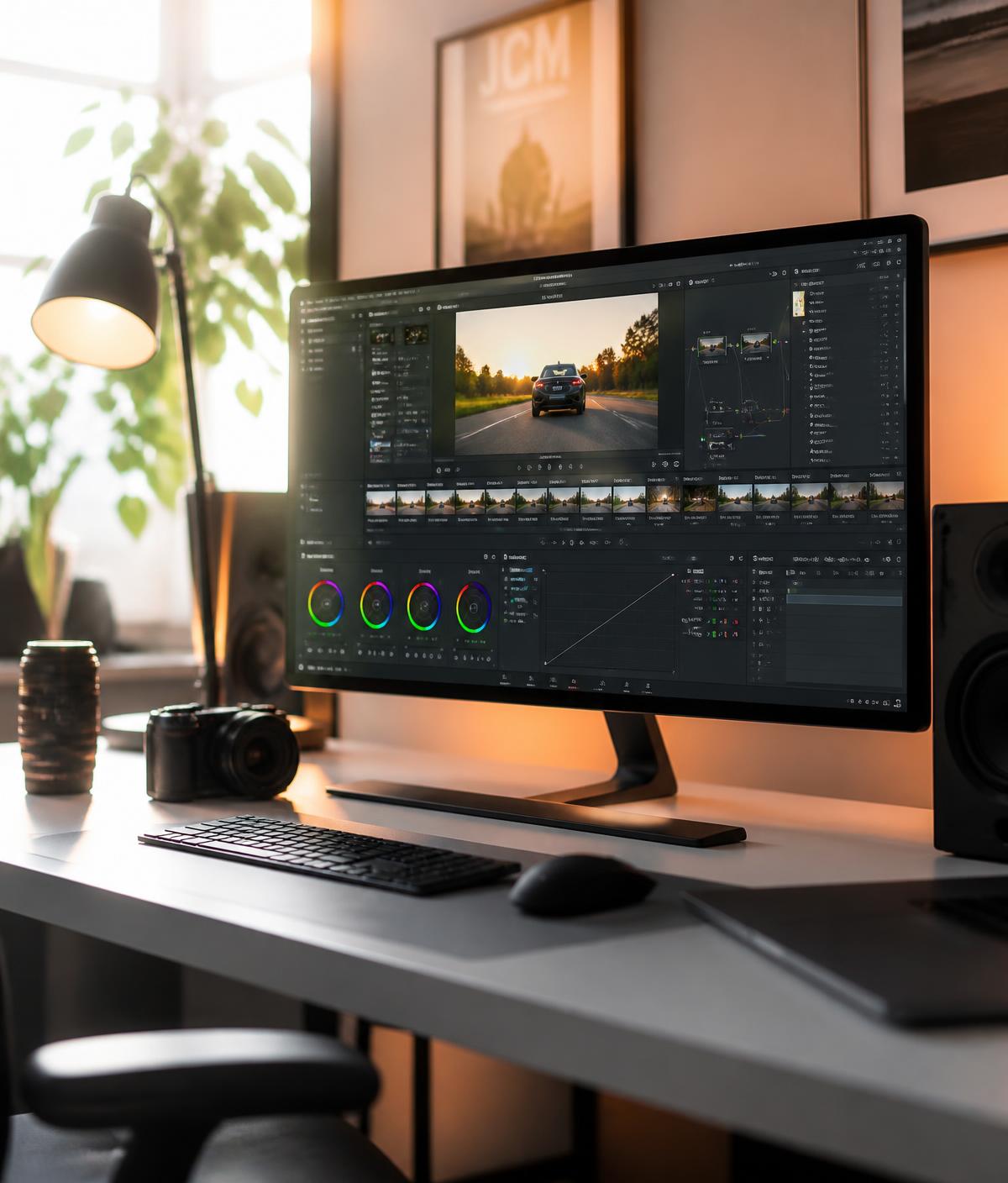 Creative editing workspace with a colour-grading timeline on screen